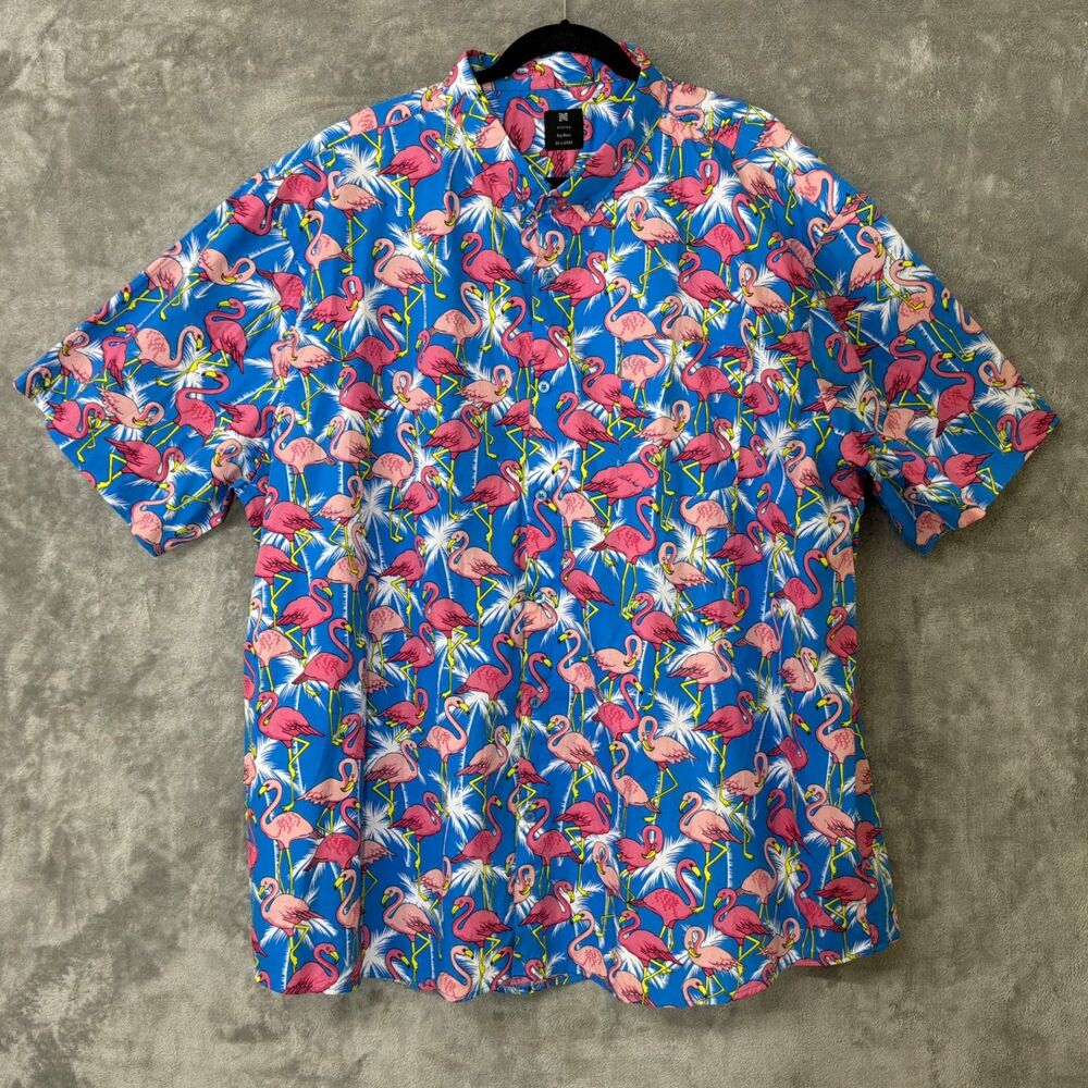 Visive Button Down Novelty print  Flamingo Shirt Mens 3XL Blue Tropical Miami